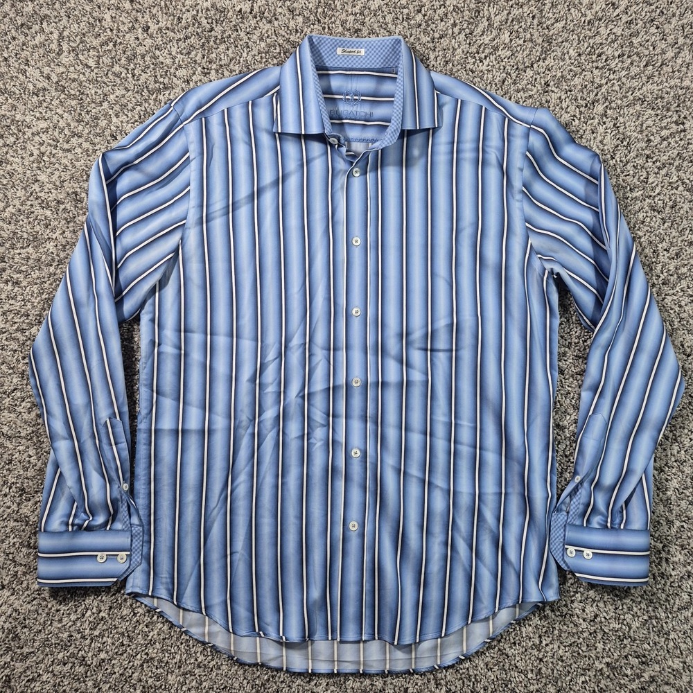 Bugatchi Uomo Mens Large Blue Striped Shaped Fit Button Up Long‎ Sleeve Shirt